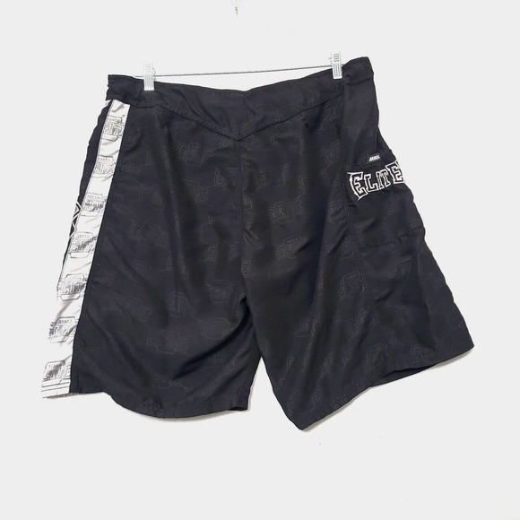 MMA Elite Fight Shorts Mens L Wrestle Board Swim Trunk Black All Over Logo Print - Picture 2 of 9